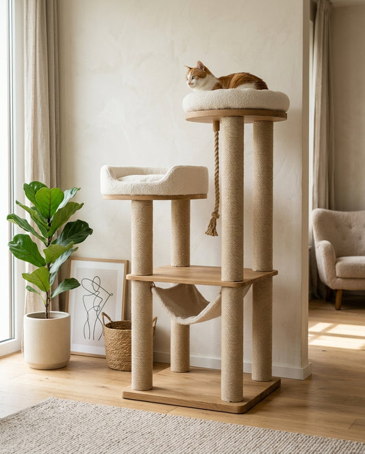 VelvetScratch™ Modern Architectural Oak & Bouclé Cat Tree Tower
