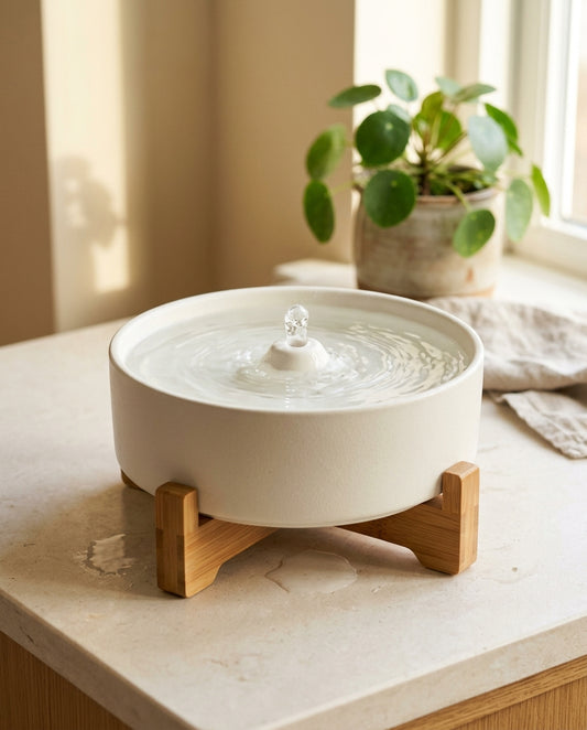 WhiskerHaven™ Ultra-Quiet Ceramic Pet Water Fountain with Bamboo Stand & Quadruple Filter