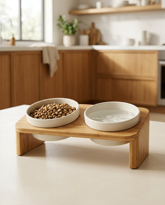 ZenBowl™ Ergonomic 15° Tilted Ceramic Double Pet Bowl Set with Water-Resistant Bamboo Stand